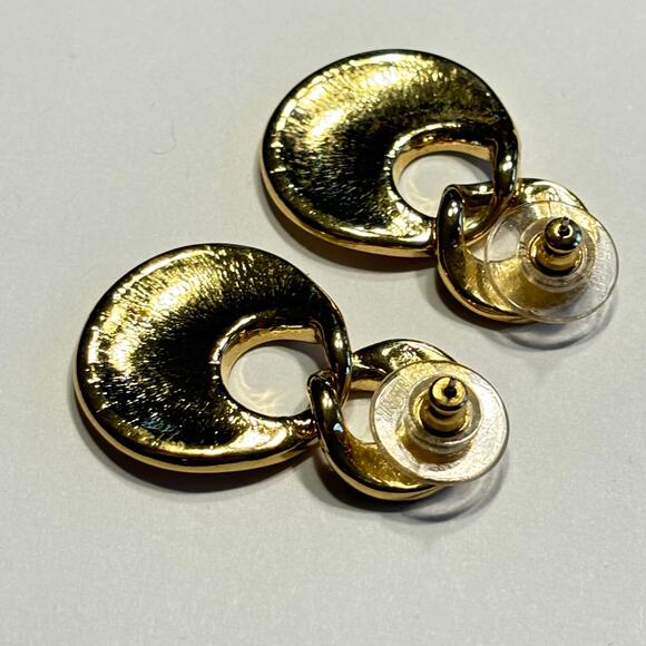 Y2K Pierced earrings mod black & creamy white enamel hoop dangles on goldtone - Picture 6 of 6